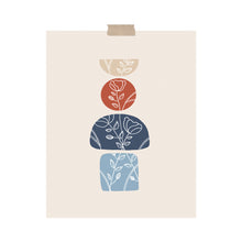 Load image into Gallery viewer, An art print featuring a modern boho design with unique shapes and a continuous flower design inside the shapes hung with a piece of kraft tape on the top.
