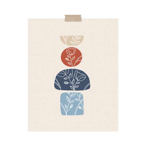 An art print featuring a modern boho design with unique shapes and a continuous flower design inside the shapes hung with a piece of kraft tape on the top.