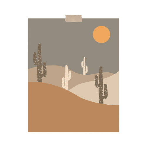 An art print featuring a minimalist warm-toned desert with various cacti and a sun hung with a piece of kraft tape on the top.