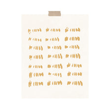 Load image into Gallery viewer, An art print featuring random strokes of yellow lines in seven columns and three rows hung with a piece of kraft tape on the top.
