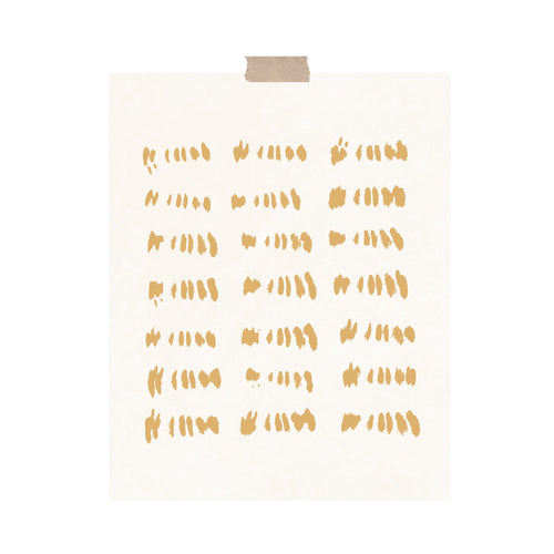 An art print featuring random strokes of yellow lines in seven columns and three rows hung with a piece of kraft tape on the top.