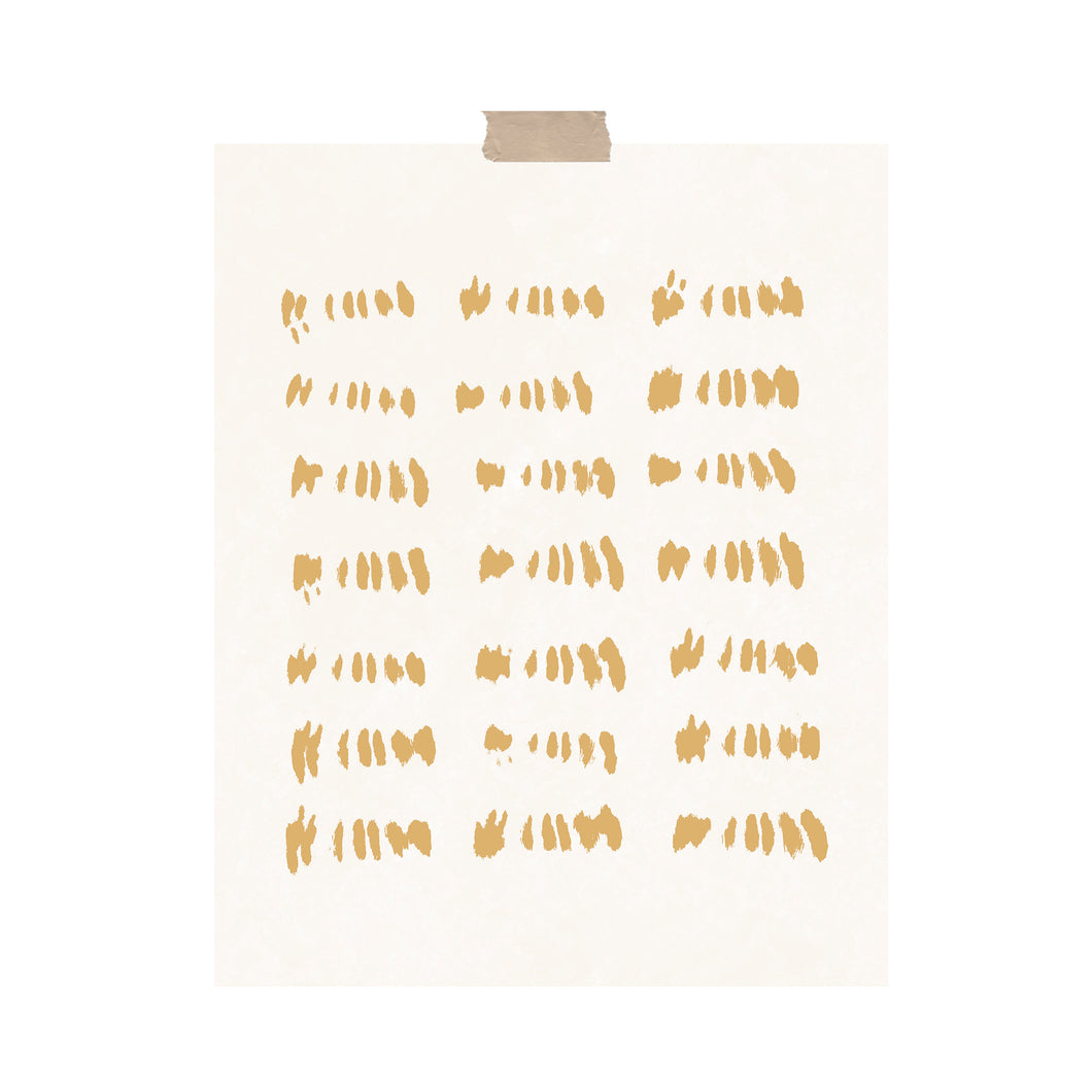 An art print featuring random strokes of yellow lines in seven columns and three rows hung with a piece of kraft tape on the top.